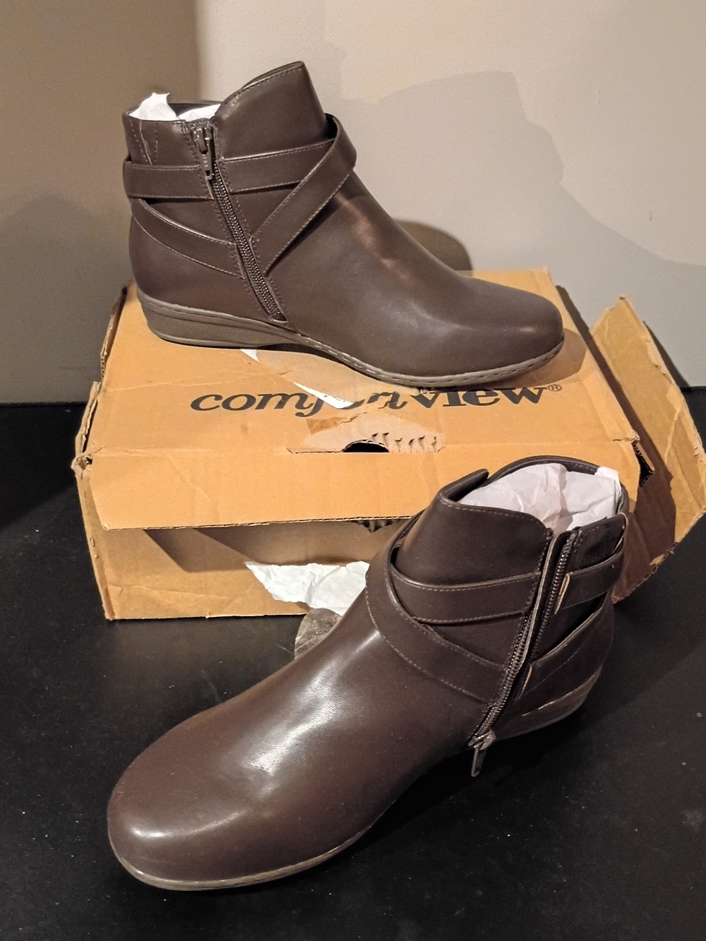 comfortview Brown Faux-Leather Ankle Booties with Wrap Straps